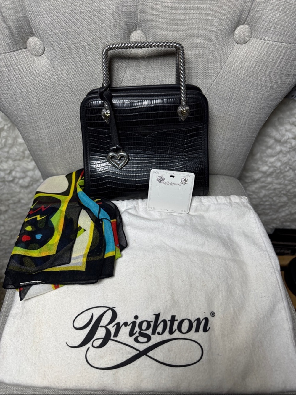 Brighton Black Croc-Embossed Mini Top-Handle Bag with Heart Charm
